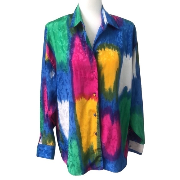 Vintage 80s/90s La Chemise Multi Color Print Button Down Shirt Blouse Size Large - Picture 1 of 13